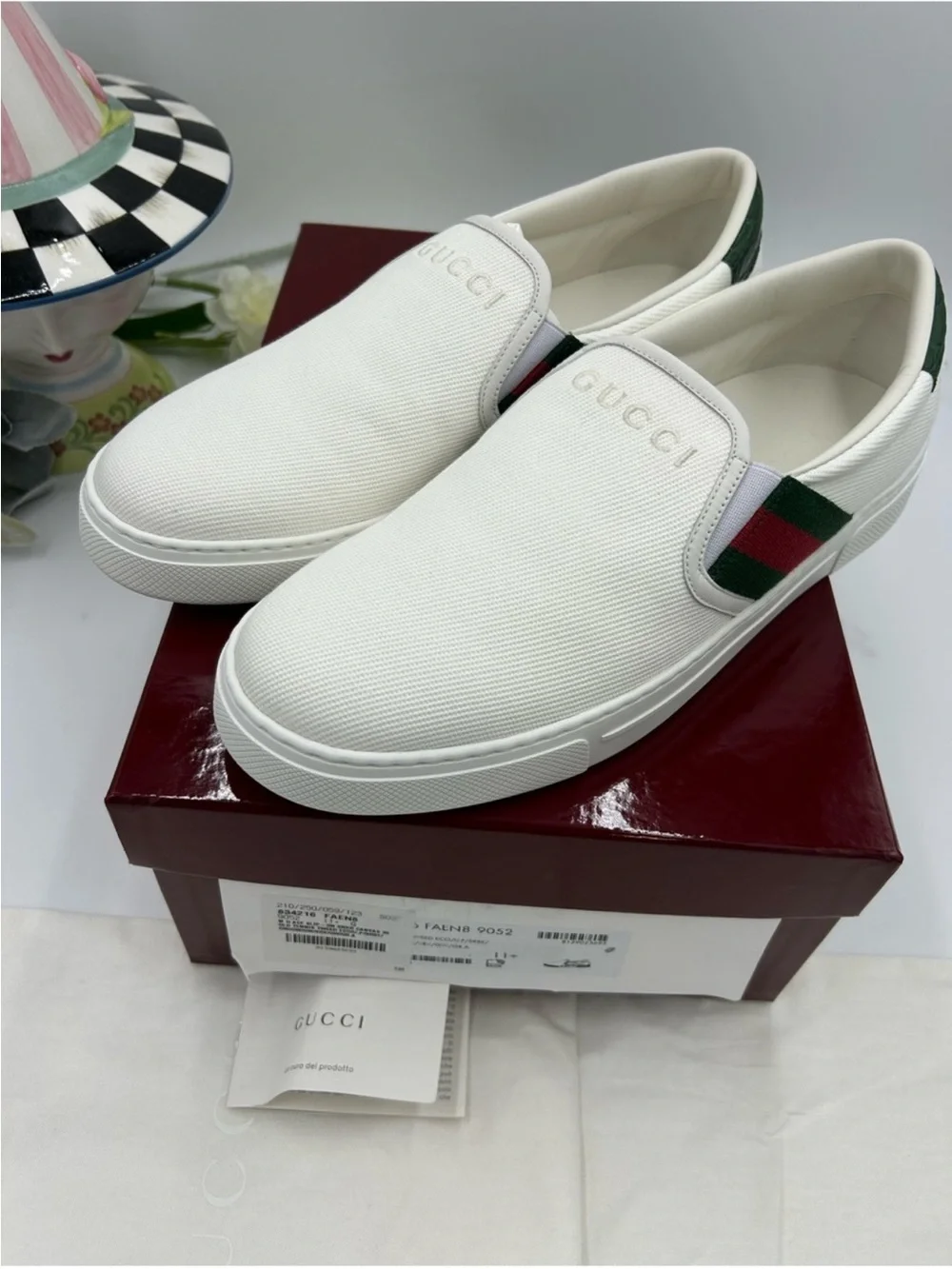Men’s Gucci, white canvas ace slip on sneakers size 11.5 fits 12.5 US made Italy